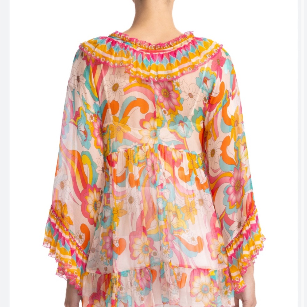 Johnny Was Floral Sheer Ruffle Blouse in Pink, Coral, Turquoise - Picture 13 of 16